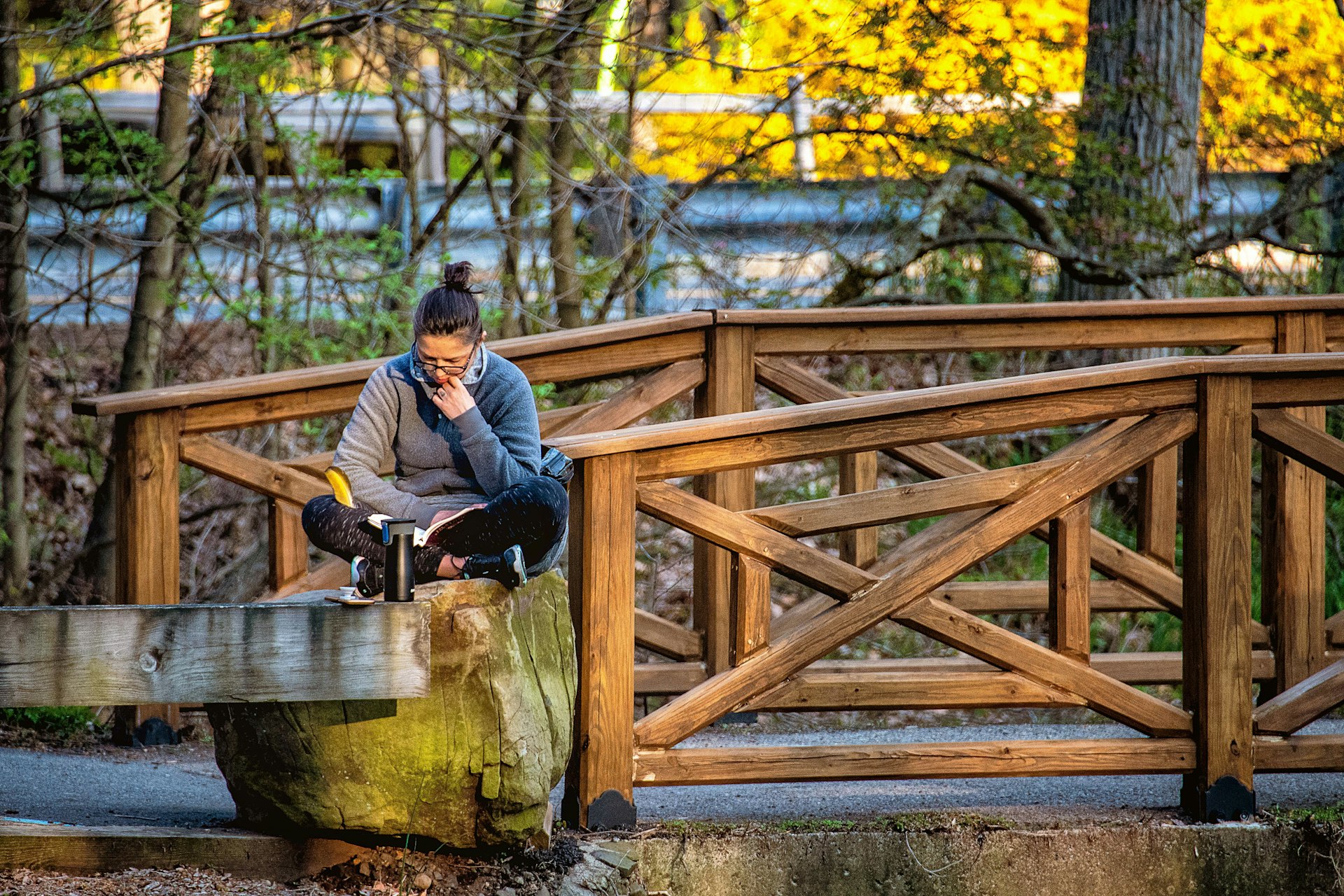 man in blue jacket sitting on brown wooden bridge during daytime